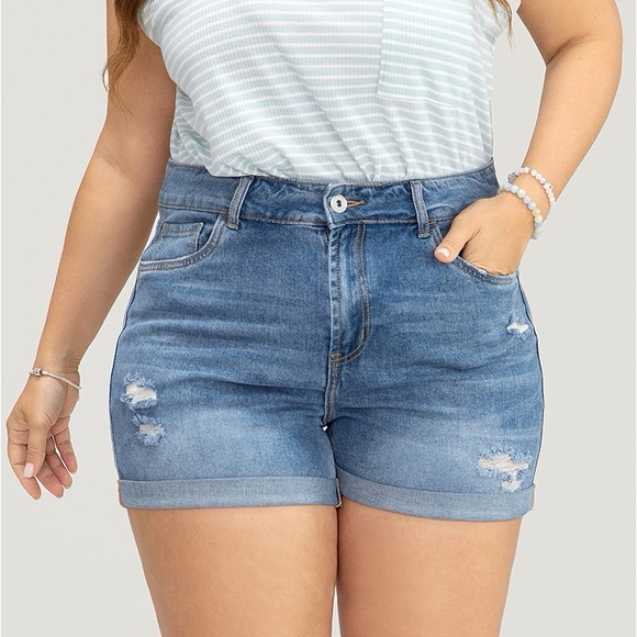 BloomChic Pants - BloomChic Stretchy Light Wash Roll Hem Distressed Denim Shorts Plus Size 20